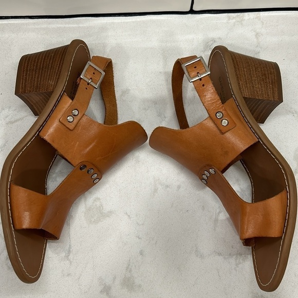 Barbara Barbieri Brown Tan Leather Sling Back Stacked Wood Block Heels Open Toe - Picture 8 of 16